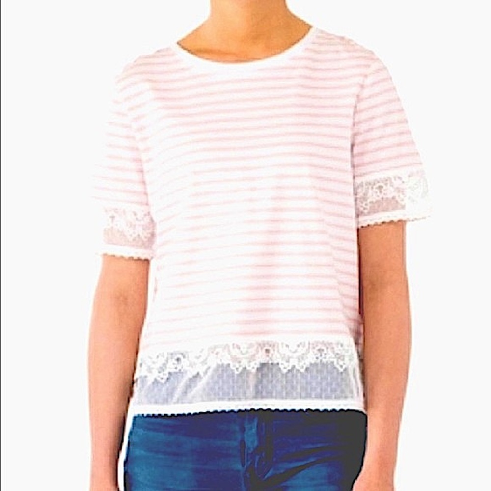 NEW One Hart Women’s Striped Lace Crochet White & Pink Top